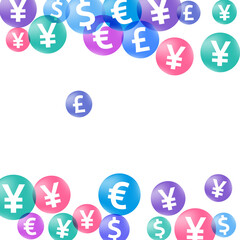 Euro dollar pound yen circle icons flying currency vector illustration. Jackpot backdrop. Currency
