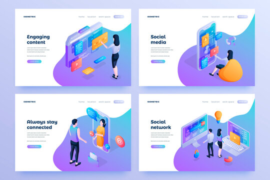 Online communication isometric landing page templates set. Engaging content, social media, internet connection, website homepage design. Internet network chatting web site, page layout