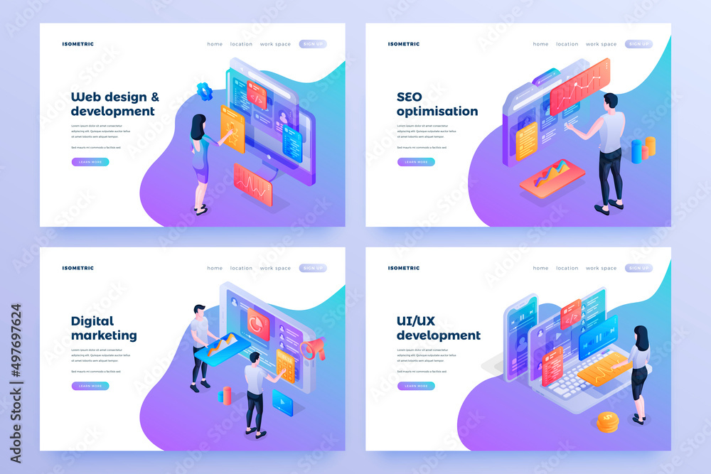 Wall mural internet business types landing page templates set. web design, ui and ux development, digital marke