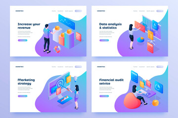 Business development isometric landing page templates set. Increasing revenue. Data analysis and statistics, marketing strategy, financial audit service. People working on projects cartoon characters