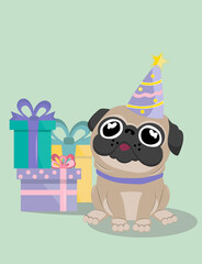 Greeting card, banner, icon. Birthday card. Pug on green background with gift box. Happy Birthday.