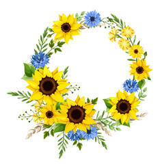 Vector floral wreath with blue and yellow sunflowers, cornflowers, dandelion flowers, gerbera flowers, ears of wheat, and green leaves. Floral circle border. Greeting or invitation card design
