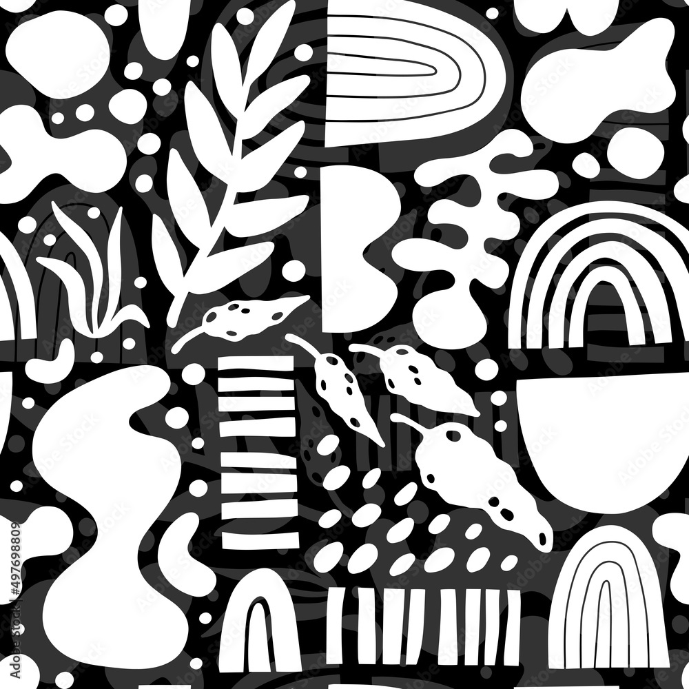 Poster organic shaped linear and solid white monochrome elements vector seamless pattern isolated on dark background