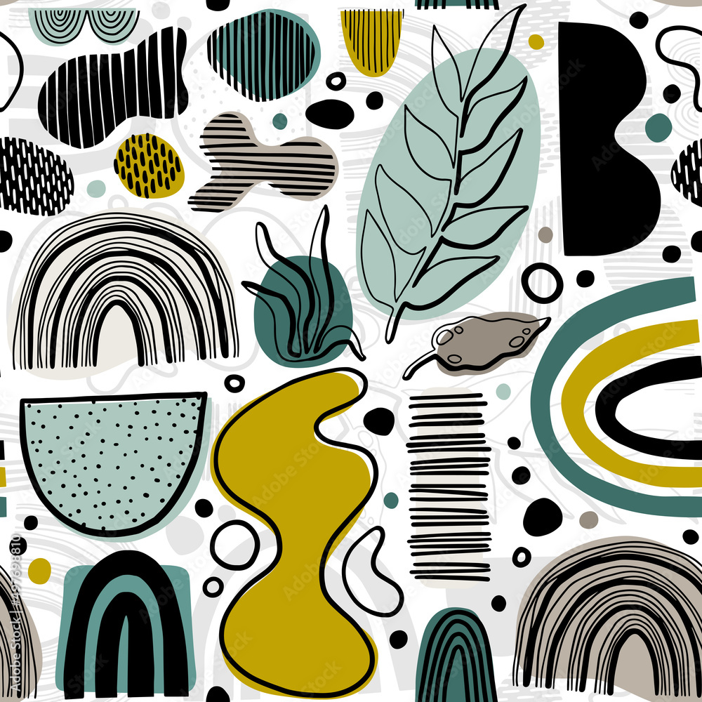 Poster organic shaped linear and solid black elements with colorful accents vector seamless pattern isolated on white background