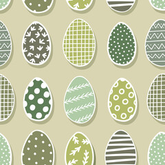 Graphic style colorful decorated Easter eggs vector illustration. Spring season holiday seamless pattern isolated on light green background.