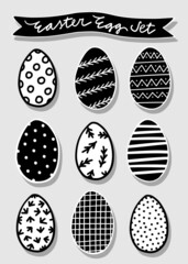 Graphic style monochrome decorated Easter eggs vector illustration. Spring season holiday  set isolated on light gray background.