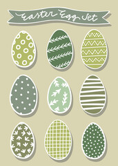 Graphic style colorful decorated Easter eggs vector illustration. Spring season holiday set isolated on light green background.