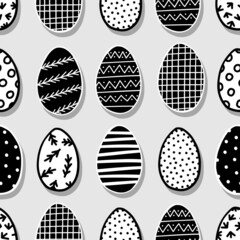 Graphic style colorful decorated Easter eggs vector illustration. Spring season holiday seamless pattern isolated on light green background.