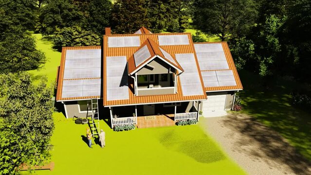 House with solar panels, green energy house, high view, 4K