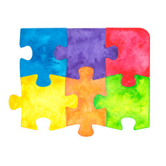 Obraz premium Puzzle pieces of different colors connected to each other. Hand-drawn in watercolor, bright, textured, isolated on a white background.
