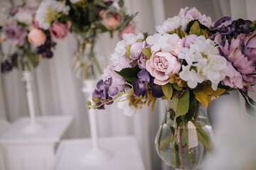 Decoration for wedding table, flowers, lights, candles
