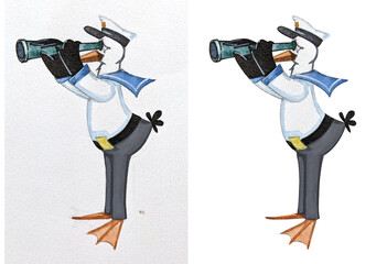 Сute seagull navy captain in uniform with spyglass, character watercolor illustration painted by hand - obrazy, fototapety, plakaty