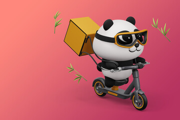 Cute Panda riding scooter, panda delivery, 3d rendering