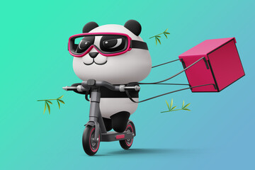 Fototapeta premium Cute Panda riding scooter, panda delivery, 3d rendering