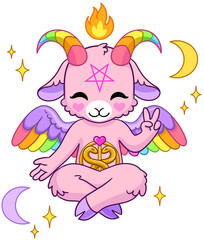 Cute baby Baphomet with pentagram, fire and crescents. Goat as satanism symbol. Vector illustration isolated.