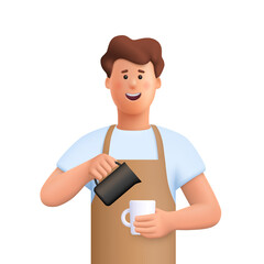 Young smiling man barista  wearing apron standing whipped milk into the coffee mug. Coffee shop, coffee time and take away concept. 3d vector people character illustration.Cartoon minimal style. - obrazy, fototapety, plakaty