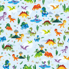 Vector cute and colorful origami dinosaur seamless pattern on light blue background. Perfect for fabric, scrapbooking, wallpaper projects