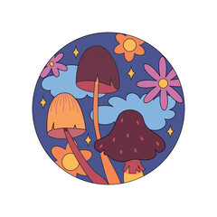 Various magic hallucinogenic mushrooms. Fantasy cute elements. Retro cartoon mushrooms on the grass. Modern design pin, icon, sticker. Hippie style. Vector flat illustration on an isolated background.