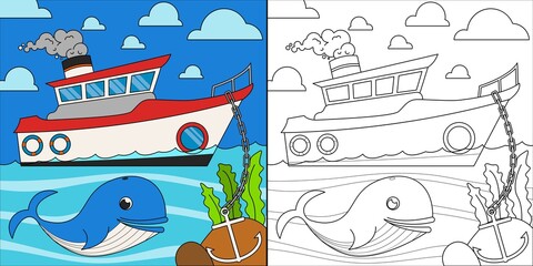 Boats and whales in the sea suitable for children's coloring page vector illustration