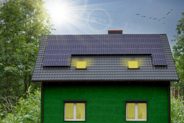 Solar panels on the roof of the green house, conceptual image. Green energy of solar cell panel on...