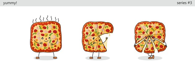 Pizza. Set of cute kawaii characters. Funny cartoon fast food icons in different situations. Vector comic style graphics