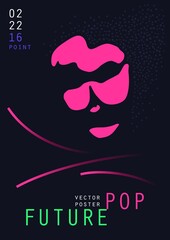 Music poster. Electronic contemporary music flow. Cyber neon graphic design. Surreal portrait in a minimalist style. Vector template