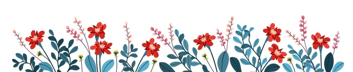 Large floral banner with different bright flowers. Rich flowery meadow. Design elements for decoration. Vector