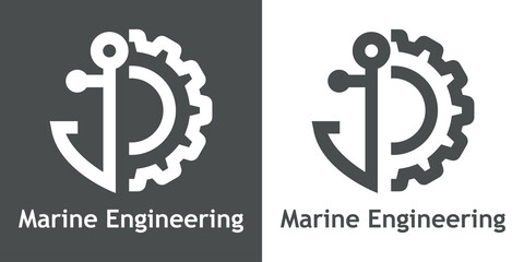 Fototapeta premium Logotipo con texto Marine Engineering con silueta de ancla de barco con rueda dentada con líneas en fondo gris y fondo blanco