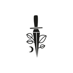 Doodle black blade with crescent moon and leaves.