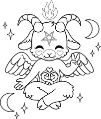 Cute Baphomet with pentagram and crescent. Goat as satanism symbol. Vector outline for coloring.