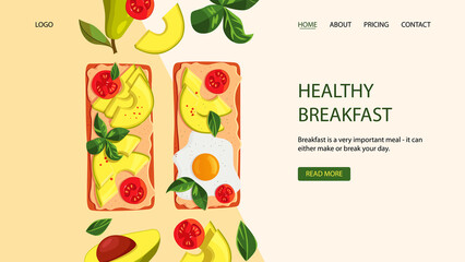 Healthy breakfast banner. Toasted bread with avocado, basil leaves, cherry tomatoes and fried egg. Vector cartoon illustration.