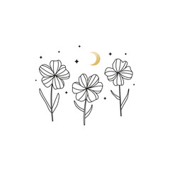 Line wildflowers with crescent moon and stars.