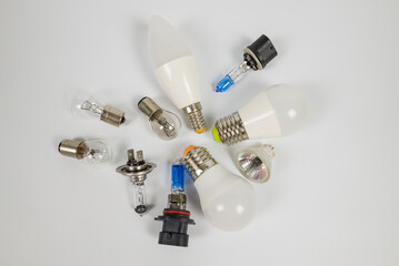 Diode and halogen light bulbs isolated on white.