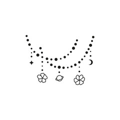 Hand drawn beads with flowers, planet, crescent moon, star.