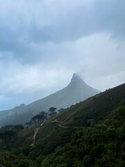 View of a misty Lions Head, Cape Town, South Africa, from Table Mountain