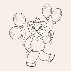 Cute bear is walking with balloons coloring page
