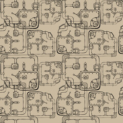 Steampunk pattern, doodle mechanisms and pipes, black contour hand drawing. Vector illustration