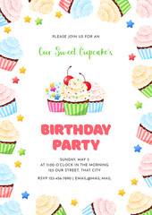 Birthday invitation card template for children party. Our Little Cupcake's Birthday party. Cute frame of cartoon cupcakes on a white background. Vector 10 EPS.