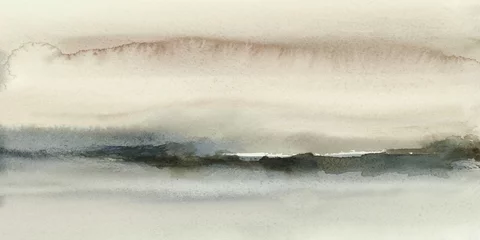 Gordijnen Watercolor Abstract Landscape Neutral Brown Gray Long Panorama Background with Copy Space, Text Space, Hand Drawn and Painted © Kunrus