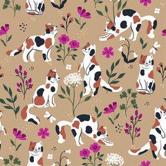 Seamless pattern with cute cats and flowers. Vector graphics.
