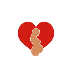 Pregnant woman and heart icon isolated on white background
