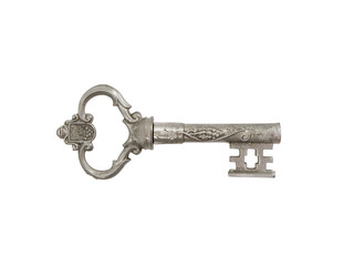 Single isolated key made of pewter on white background. Inside there is a corkscrew.