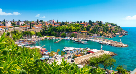 Panoramic view of harbor in Antalya Kaleici Old Town. Antalya, Turkey - obrazy, fototapety, plakaty