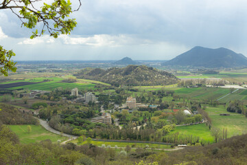 Hilly landscape. Aerial view on Terme Euganee, Padua. Green spring landscape.