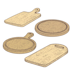 Hand drawn cutting wooden boards set. Sketch style kitchen utensils. Round and rectangular, with handle. Vector illustrations isolated on white.