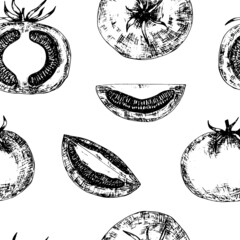 Tomatoes vector graphic seamless pattern. Black and white tomato pattern on white background.