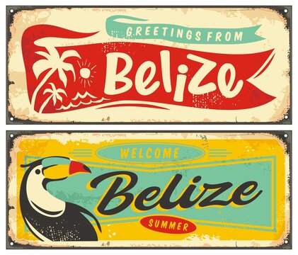 Belize summer holiday destination retro design template. Greetings from Belize creative greeting card souvenir. Vector image.