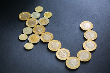 Selective focus of Turkish lira symbol made with coins. Turkish lira symbol made with coins of...