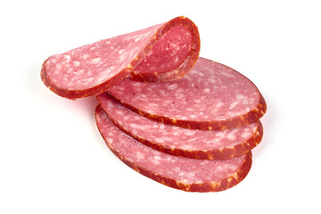 Smoked salami slices, isolated on white background.