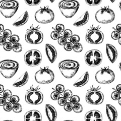 Tomatoes vector graphic seamless pattern. Black and white tomato pattern on white background.